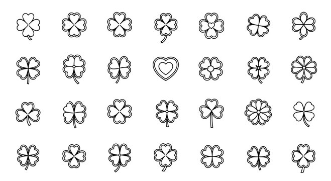 Clovers hand drawn set with various styles and designs featuring clover, botanical, nature with plant and leaf elements for stem, sketch projects,