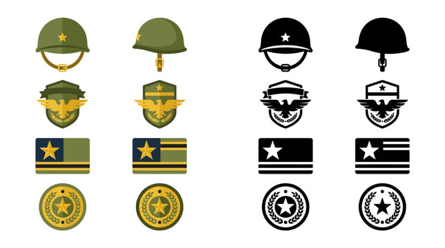 Set of military icons and symbols including helmets, badges, flags, and emblems in color and silhouette.