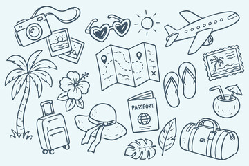 Obraz premium Travel Vacation Elements Naive Doodle Sketch Vector