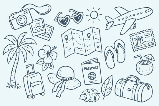 Travel Vacation Elements Naive Doodle Sketch Vector