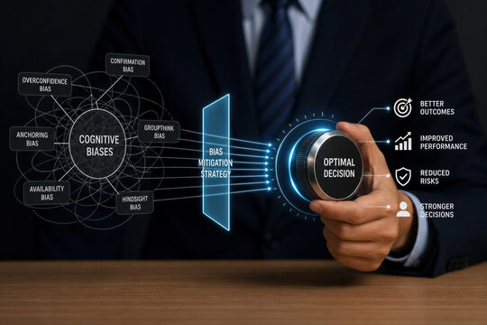 Business person optimizing decision making with bias mitigation strategy controlling cognitive biases dial for optimal decision better outcomes improved performance reduced risks stronger decisions