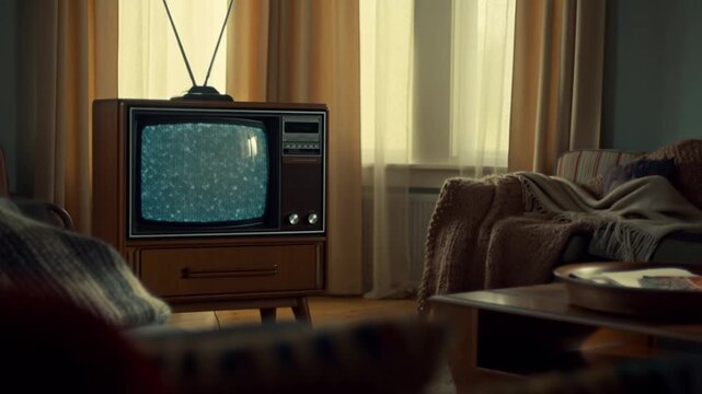 80s wooden TV cabinet with static noise, rabbit ear antennas, cozy living room, knitted blankets, nostalgic media atmosphere. Concept for retro technology nostalgia