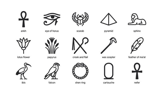 Set of egyptian symbol icons arranged in a tiled grid layout