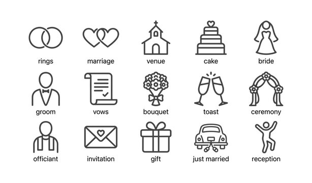 Set of wedding and celebration icons arranged in grid layout