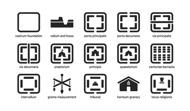 Set of roman castrum plan icons arranged in a grid layout