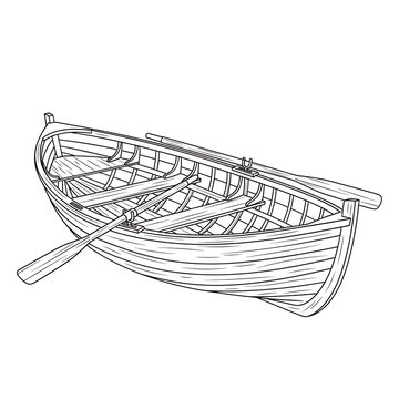 Vintage wooden rowboat with oars line art illustration isolated on white