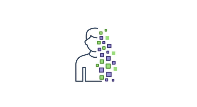 Conceptual digital representation of a person with data fragmentation on a white backdrop