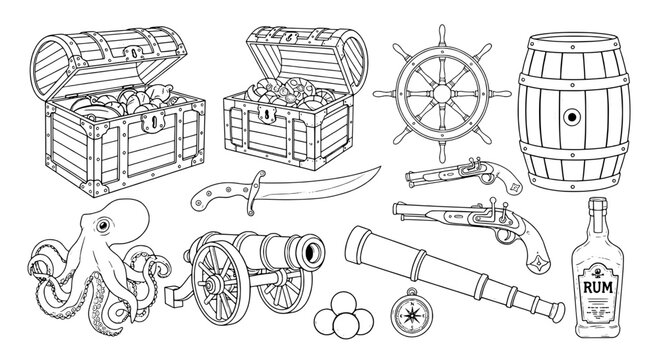 Pirate treasure set with chest, barrel, ship wheel, cutlass, cannon, rum bottle and sea icons for nautical vector design