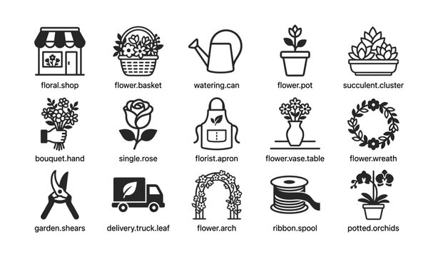 Floral shop and flower arrangement icons in grid layout