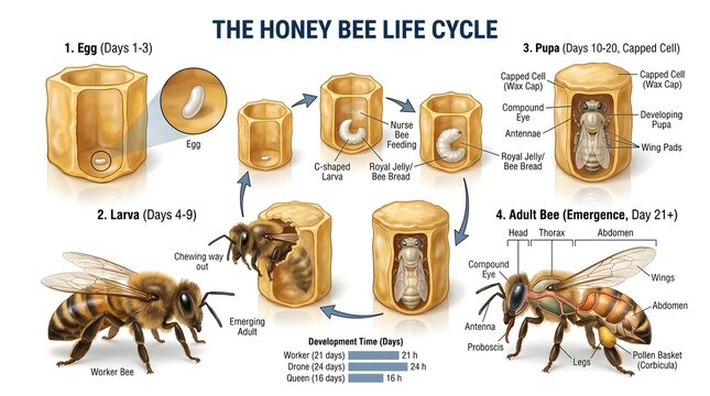 The honey bee life cycle illustrated in cylindrical brood cells, following egg, larva, pupa and adult worker emergence with labeled days of development, ideal as an informative classroom chart and api