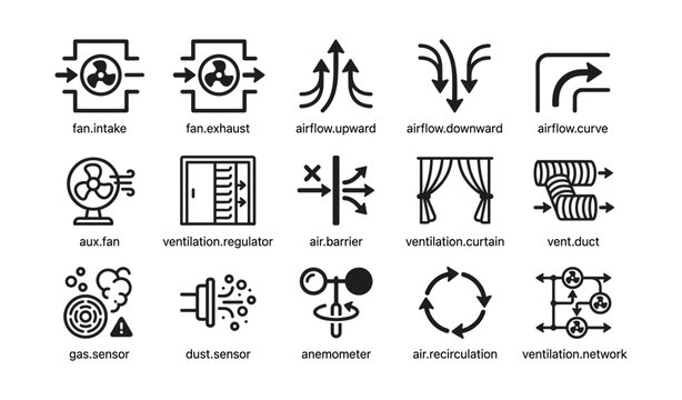 Ventilation and airflow icons arranged in grid on white background