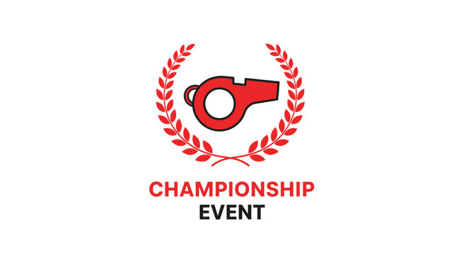 Championship Event Emblem with Whistle and Laurel Wreath in Bright Colors on White Background