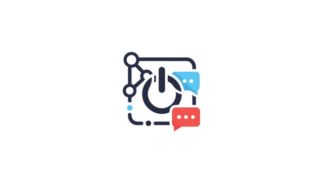 Icon depicting global communication and activation featuring power button and chat bubbles in
