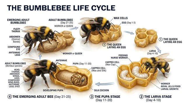 Illustrated bumblebee life cycle chart showing larva, pupa, emerging adult and adult bumblebees in wax cells with the queen laying eggs, created as a colorful educational reference for pollinator biol