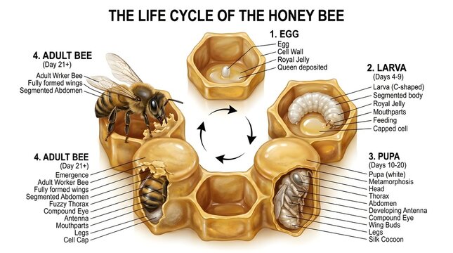Life cycle of the honey bee close‑up diagram focusing on egg, larva, pupa and adult bee inside individual hexagonal cells, with detailed anatomical labels for body parts, perfect for biology anatomy l