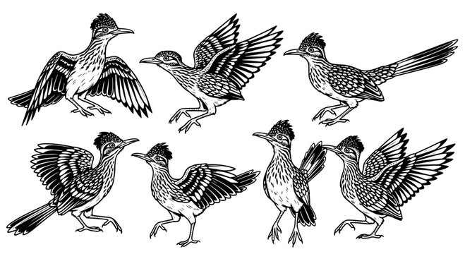 Birds hand-drawn set with detailed feather patterns and dynamic poses featuring black and white, nature, wildlife with sketch and illustration