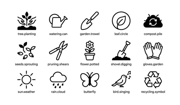 Gardening and nature icons showing tools and weather symbols