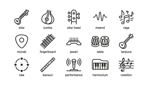Indian music instrument icons arranged in grid on white background