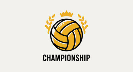 Championship Volleyball Emblem: Golden Ball, Crown, and Laurel Wreath Design