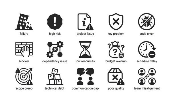 Risk and issue icons representing project problems on white