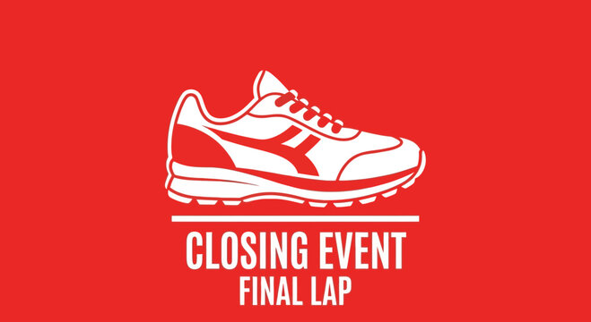 Closing Event Final Race Announcement With Athlete's Shoe Design Over Bright Red Background