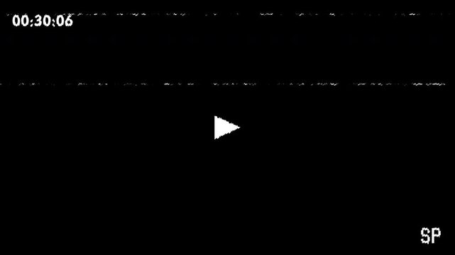 Retro vhs glitch effect with play button overlay, creating a nostalgic and distorted visual experience reminiscent