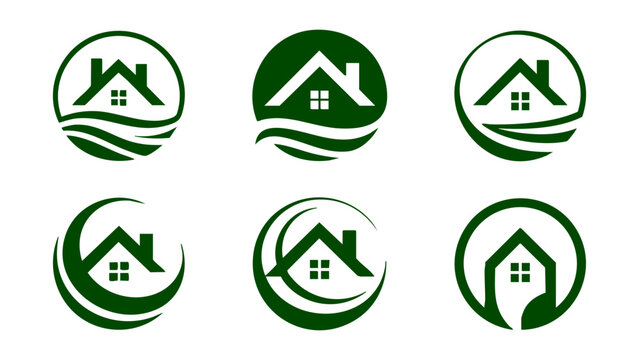 green eco house real estate logo icon set for sustainable branding, modern nature friendly home logo design with roof and leaf elements, minimalist green building architecture and property logo collec