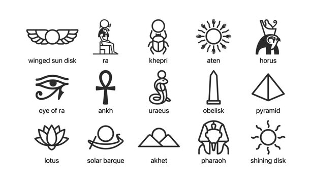 Ancient egyptian symbols icons representing deities and solar motifs