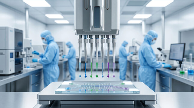 Biotechnology laboratory with scientists and automated liquid handling system working on microfluidic chips for research.