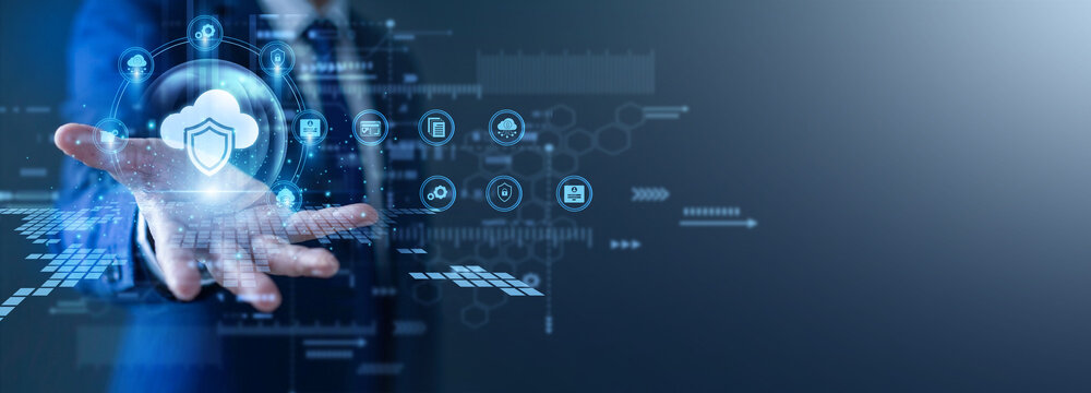 Security guard protects data. Engineer with a glow the hand Cloud Security network shield. Robust encryption methods prevent cyber threats and ensure private information remains safe online now.