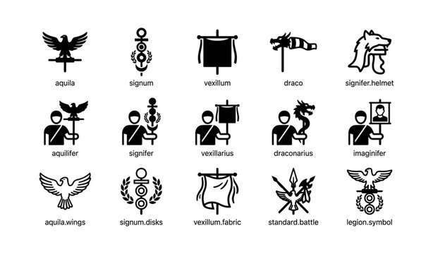 Roman standard and signifier icons arranged in grid on white