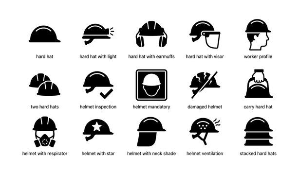 Multiple hard hat icons and symbols arranged in grid on white
