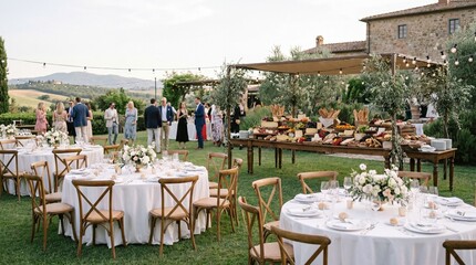 Lavish garden setting with dining tables, guests enjoying conversations, and a buffet celebrating a sophisticated outdoor wedding.