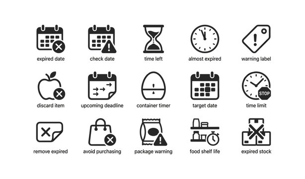 Expiration and date icons showing warnings timers and labels