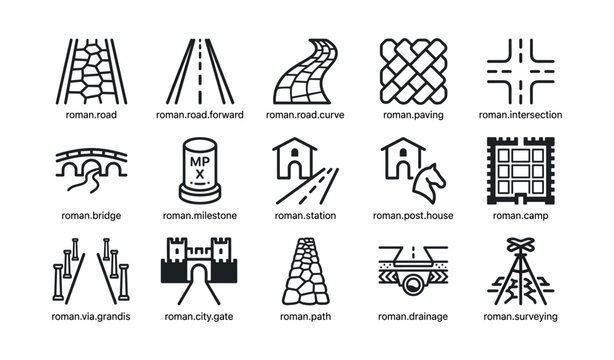 Roman road and infrastructure icons in grid on white background