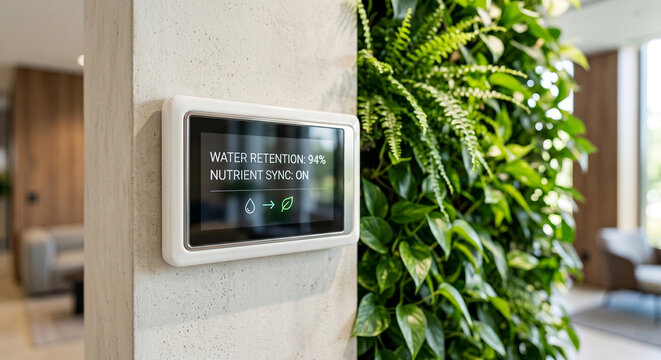 Smart wall display showing water retention and nutrient sync status for vertical garden system.