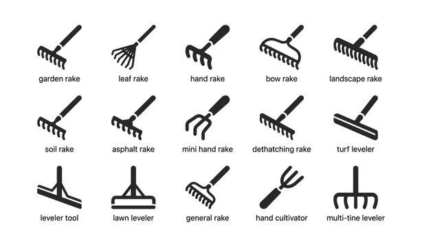 Assorted rake and leveling tool icons arranged in grid