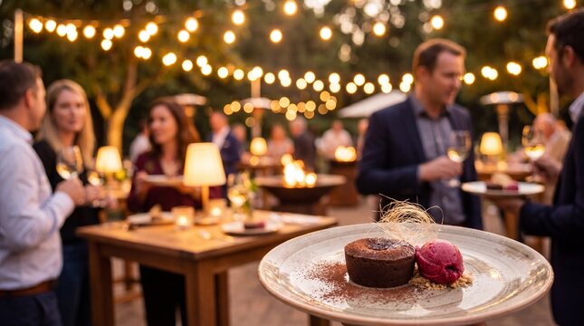 Evening gathering with professionals enjoying fine dining, fostering networking and business relationships under warm lights.