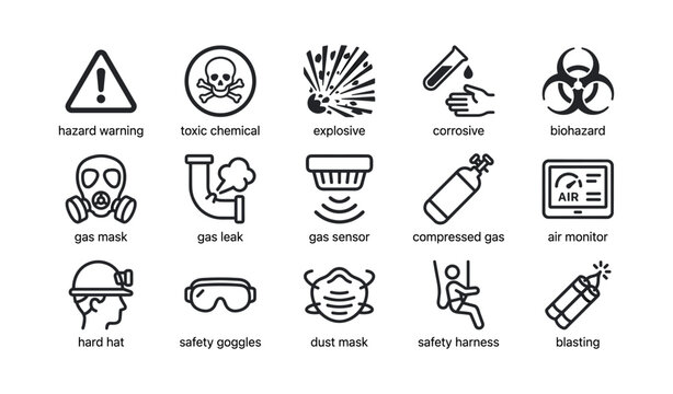Safety and hazard icons showing protective gear and warnings