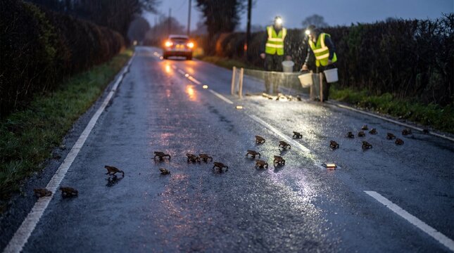 Toads migrate across a wet road as volunteers assist with wildlife protection and traffic safety in low visibility conditions.