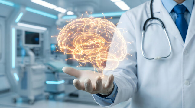 doctor holding glowing brain in hospital