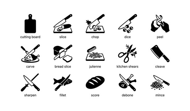 Kitchen knife and cutting technique icons on white background