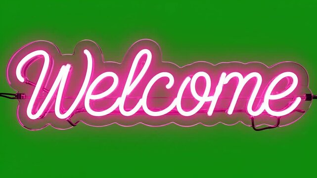 neon welcome sign, pink and white, green background, neon sign, glowing text 4k ai