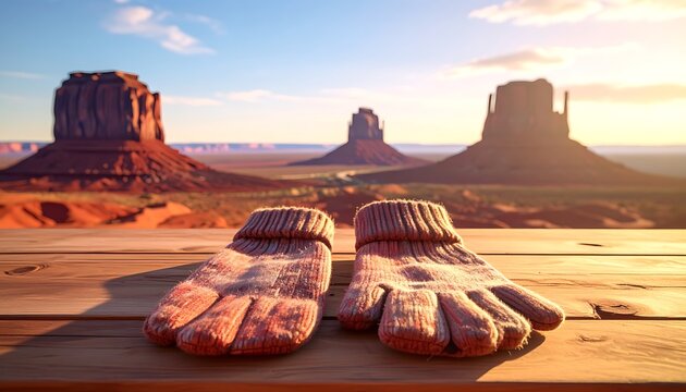 Cozy knitted mittens resting on a wooden surface with iconic desert mesas and mesas in the background at sunset, warm light