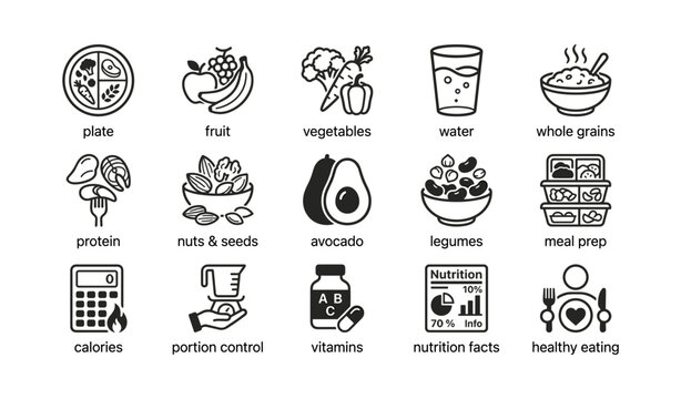 Nutrition icons showing food groups and healthy meal prep