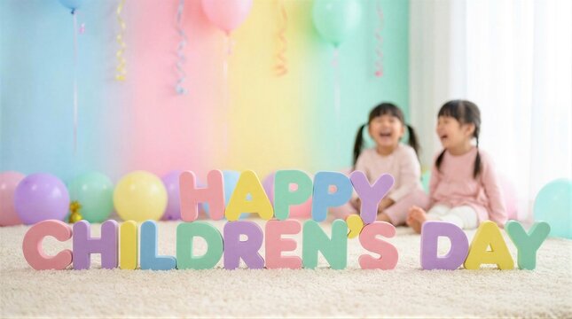 Asian twin girl children laughing behind pastel letter blocks spelling happy children day. Joyful childhood celebration with colorful balloons indoors. Festive greeting card concept.