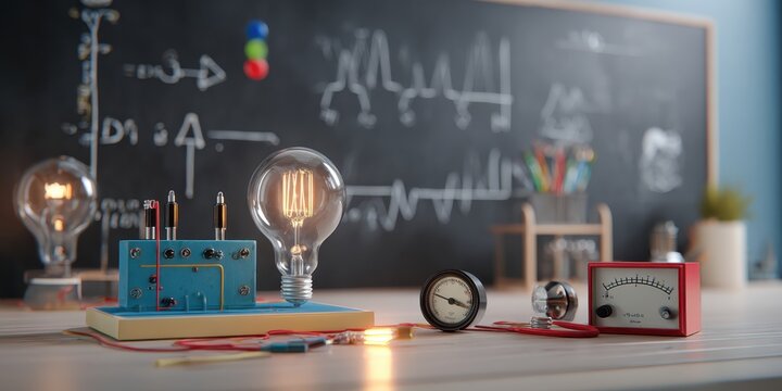 Electrical experience in physics laboratory. Electric circuit and a light bulb on a school chalkboard with formulas text blurred background. Modern Education. Science equipment learning electricity