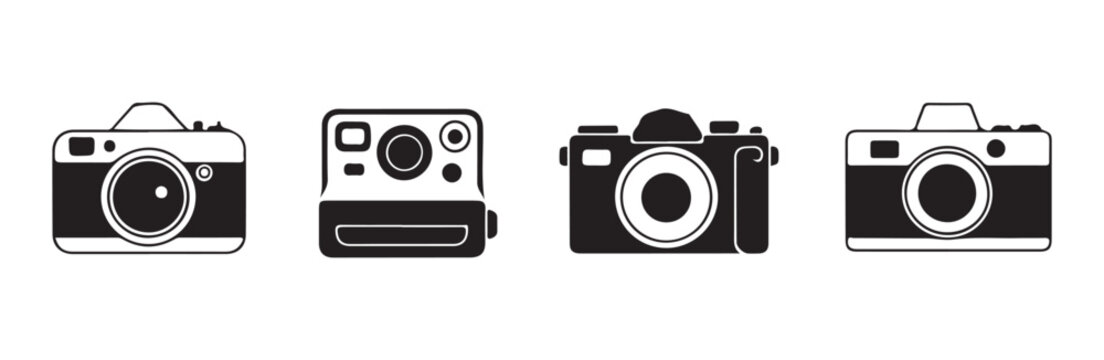 Retro camera icons collection in vintage black white style.