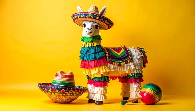 Festive llama pi?ata wearing a colorful sombrero and outfit, with a sombrero and maraca on yellow background, celebration and party concept