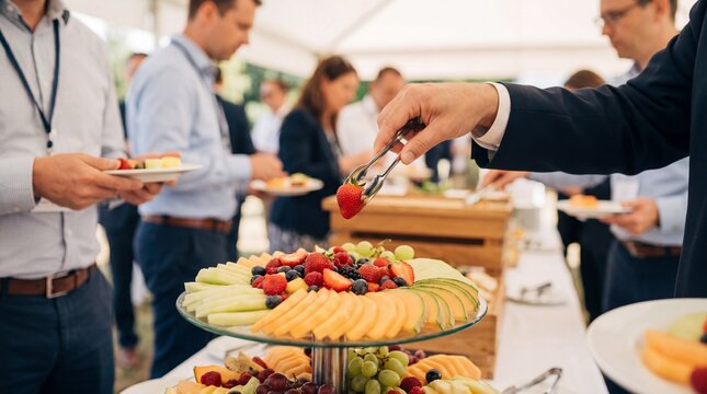 Business professionals at a corporate event enjoy a buffet featuring fresh fruits, fostering networking and collaboration.